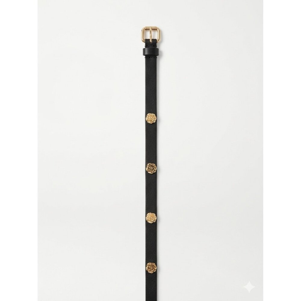 Belt Womens One Size Black Leather Floral Rose Medallion Skinny Gold Tone